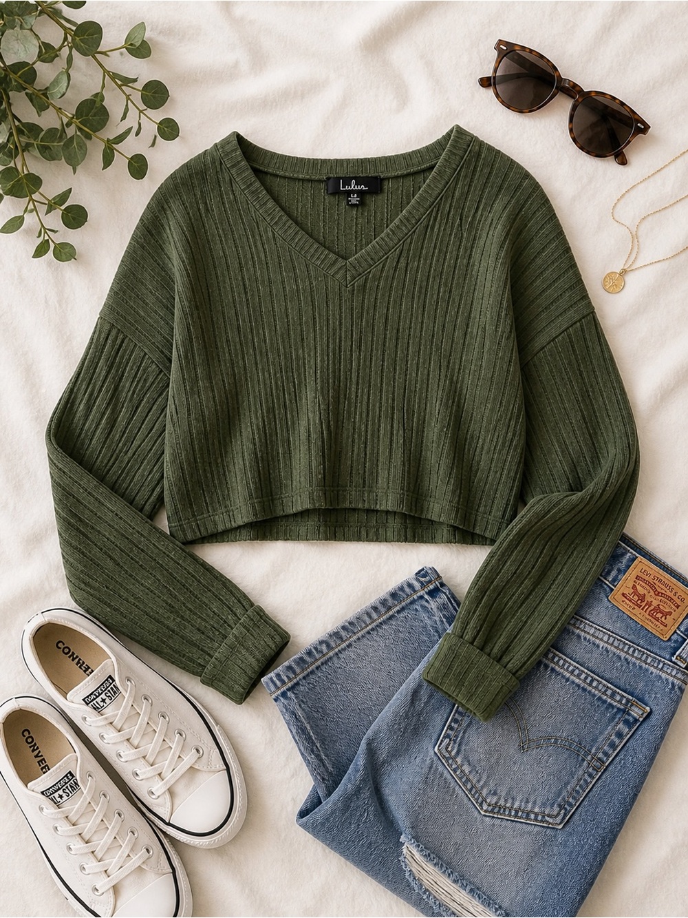 Lulus Olive Green Ribbed V Neck Cropped Sweater Lightweight Knit